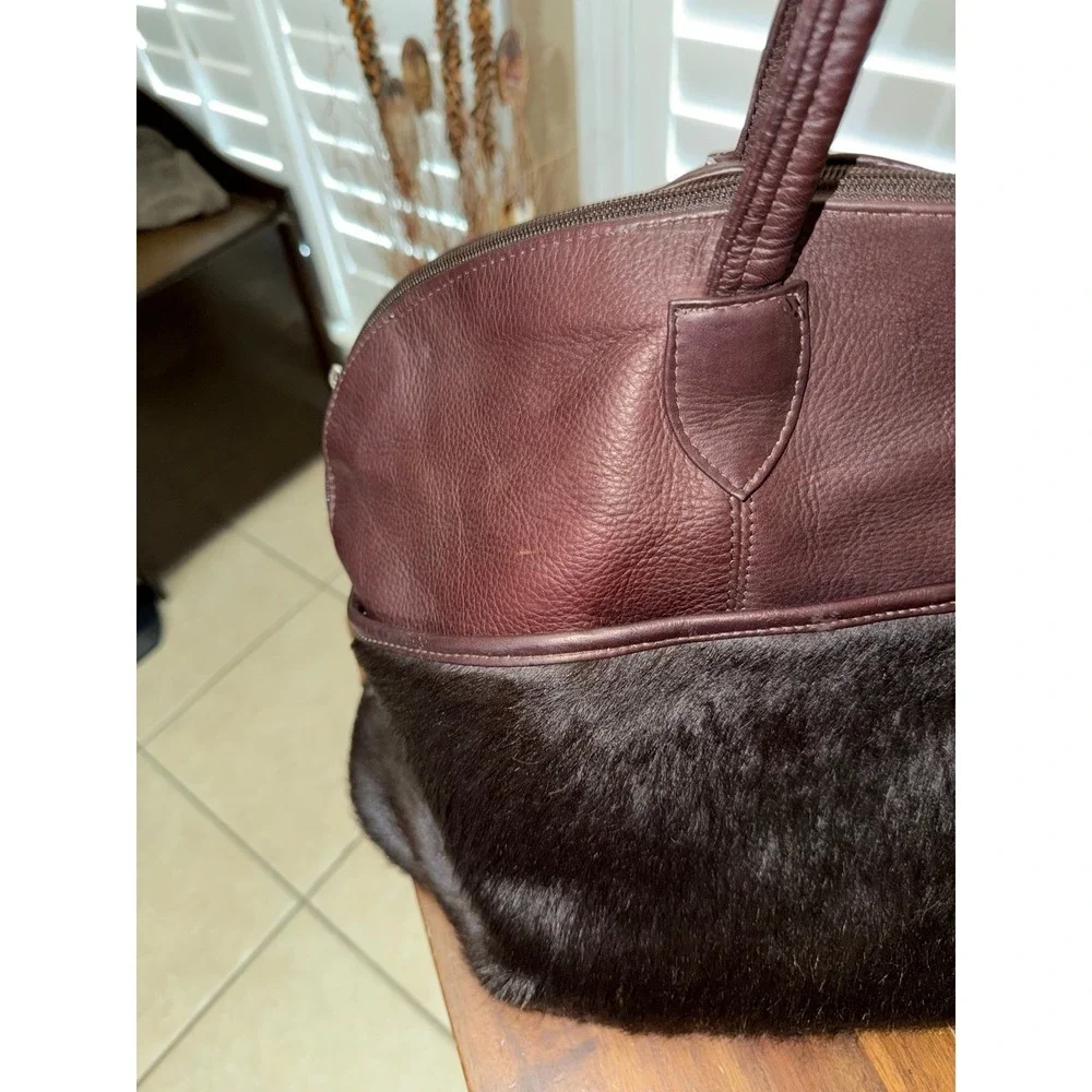 Burgundy Leather and Faux Fur Tote Duffel Bag with Detachable Shoulder Strap